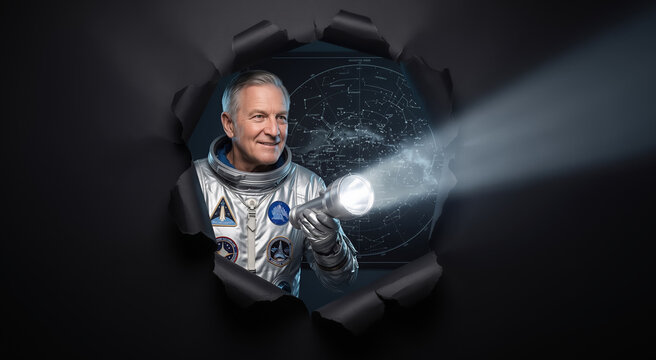 Senior astronaut in silver spacesuit holding flashlight through torn black paper, looking into distance behind star chart backdrop. Space exploration, astronomy, discovery, science technology.