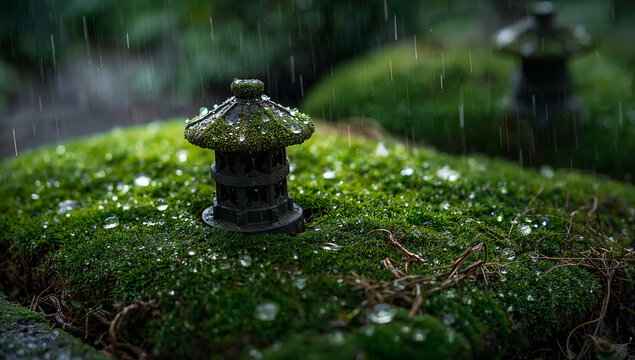 雨の苔庭に置かれた小さな石灯籠