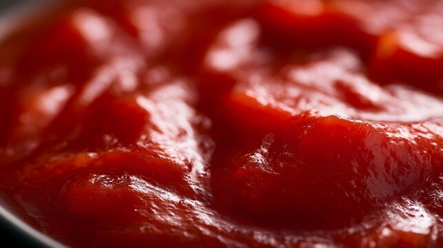Rich red tomato sauce with glossy surface and textured consistency  captured in close up detail
