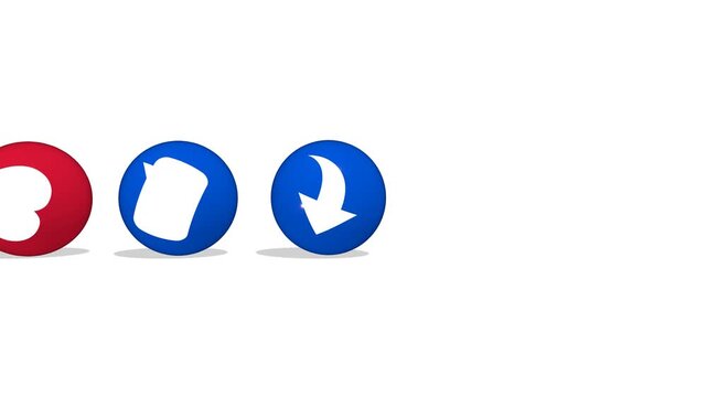 A vibrant and larger-scale 3D animation of social media reaction spheres (like, heart, comment, share) rolling from left to right with high-visibility large icons and vivid colors on a clean backgroun