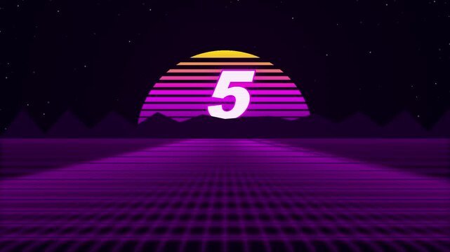 Retro synthwave countdown number five glowing neon sun and wireframe grid digital landscape