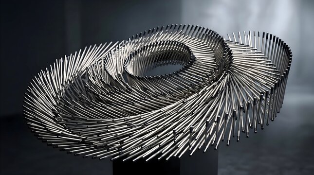Abstract Metallic Kinetic Sculpture with Swirling Chrome Rods in Modern Art Gallery