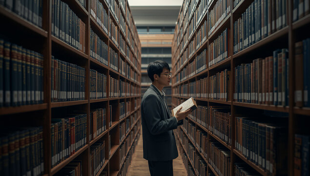 書棚の間で本を読む男性