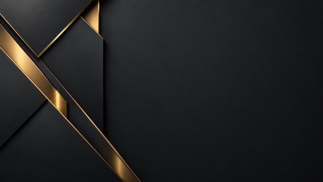 Luxury pitch deck background, 169 ratio. Left side features overlapping geometric matte black panels with thin beveled gold metallic edges.
