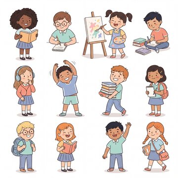 Diverse Cartoon School Children Engaged in Various Learning Activities