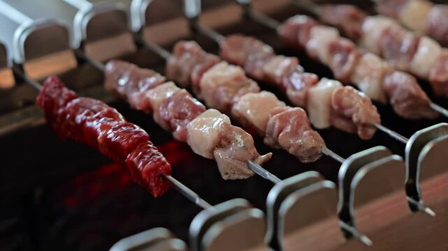 Grilled Meat Skewer Assorted Cuts Cooking Over Hot Charcoal Closeup