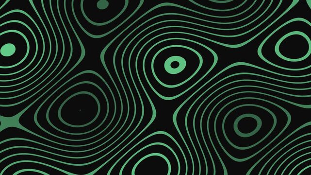 Green topographic lines flow and undulate across a dark background creating a rhythmic pattern contours elevation