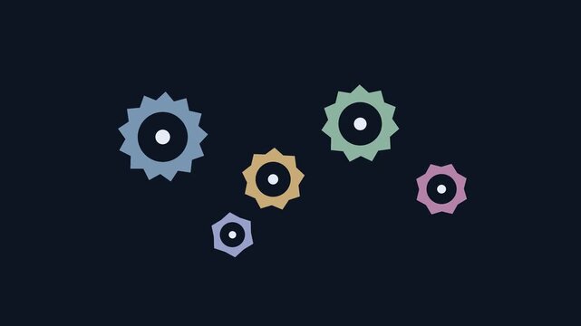 Gears rotate and interact against a dark blue background throughout the animation cogwheels toothedwheels mechanical machinery