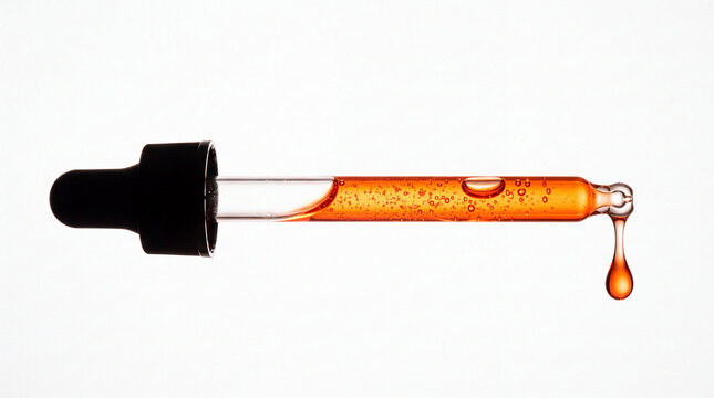 Horizontal glass pipette filled with golden amber oil serum with air bubbles, dripping a liquid drop isolated on a clean white background.