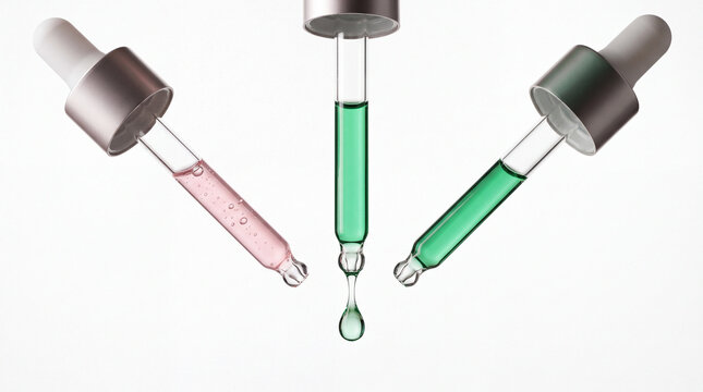 Three cosmetic glass pipettes with pink and green liquid serum formulas, dripping a clear fluid drop isolated on a bright white background.