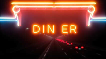 Fototapeta premium Retro diner sign glows brightly above highway. Red, orange, blue neon creates tunnel effect. Perspective emphasizes road stretching forward.