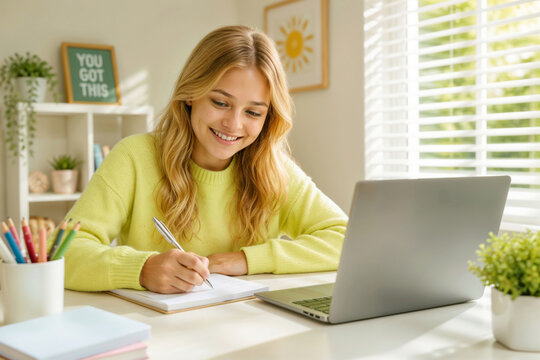 Young teenage girl smiles, writing notes at desk. Laptop sits beside her, ready for work. Bright window lets sunlight fill the room. Her notebook and pencils sit nearby, organized