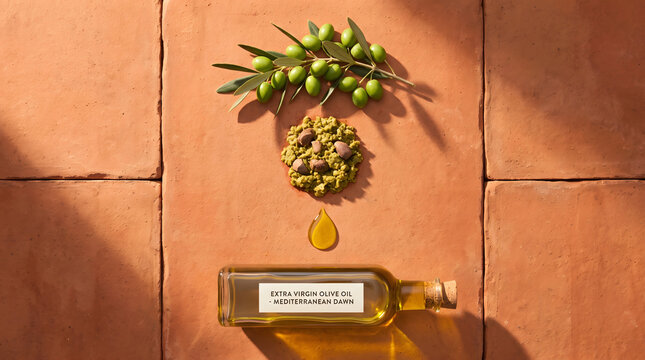 Extra virgin olive oil in glass bottle with freshly pressed olive mash paste and green olives on branches arranged on warm terracotta tiles with golden lighting.
