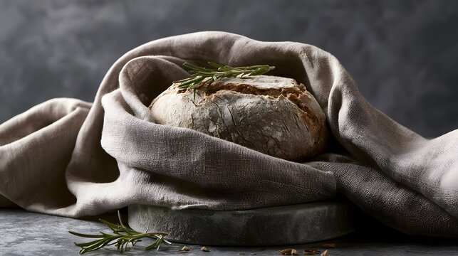 A rustic round loaf of artisan bread nestled in a beige linen cloth with fresh rosemary sprigs