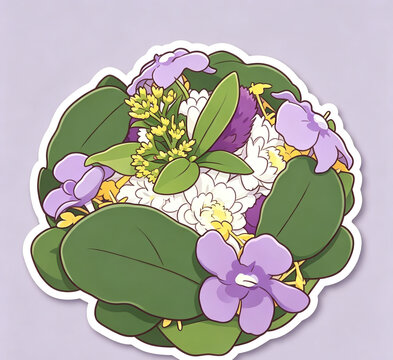  Thai phuang malai flower garland die cut sticker illustration, white border, isolated on white background