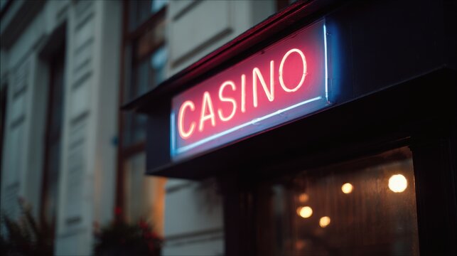 A neon illuminated casino sign shines against a dark urban backdrop. The vibrant red and blue lights stand out in the night. The slow movement captures the lively nightlife atmosphere