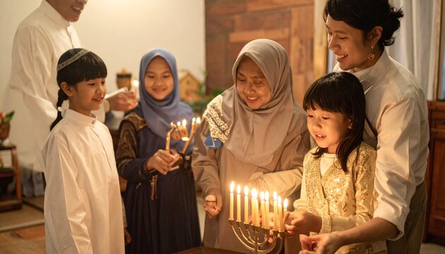 Happy family lighting hanukkah menorah candles together in a warm