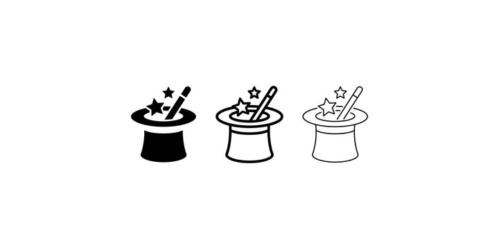 Magic hat icon set with wand and stars for fantasy and illusion themes.