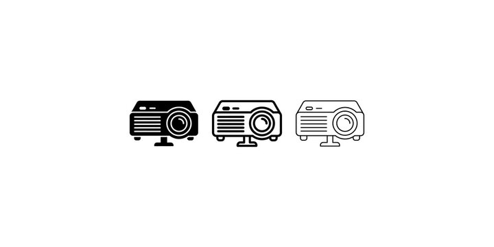 Multimedia digital projector icons black outline set for visual equipment.