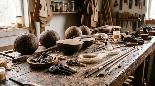 Coconut Shell Fiddle Parts on a Maker's Bench