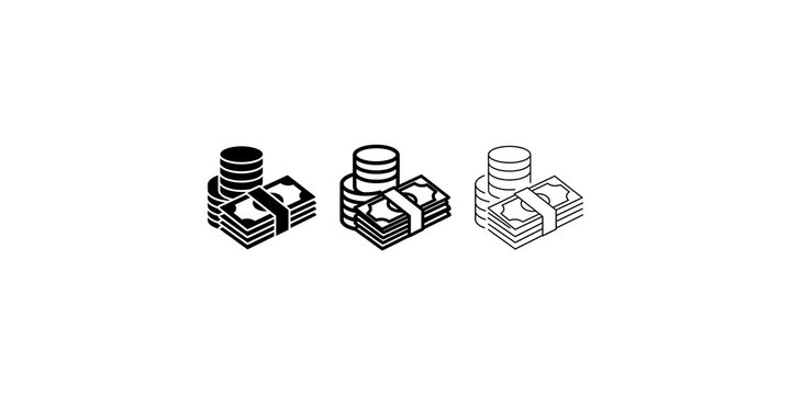 Stacked coin and banknote money icons in solid fill and outline styles.