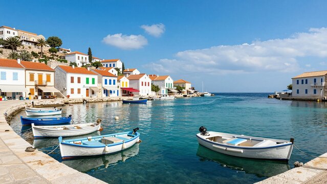 Vibrant boats docked along a serene harbor with pastel houses climbing hillside under clear blue skies.