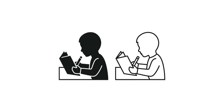 Child studying at desk, reading book, writing, focused learning.
