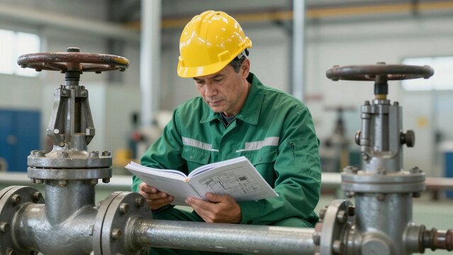 A focused engineer in a hard hat and work uniform reads technical documentation while seated near large metallic pipes and valve systems inside an industrial facility.