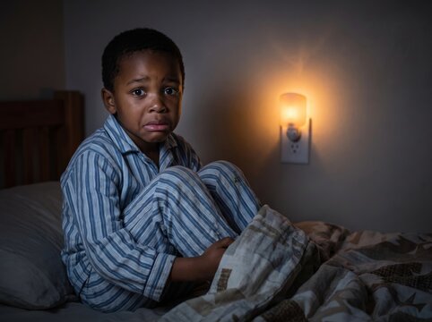 A frightened young African American boy wearing pajamas sits alone in bed at night, feeling scared in a dark bedroom illuminated by a glowing nightlight