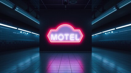 Fototapeta premium Dark tunnel features bright neon motel sign. Blue lighting creates futuristic, symmetrical corridor. Minimalist aesthetic, dramatic mood.