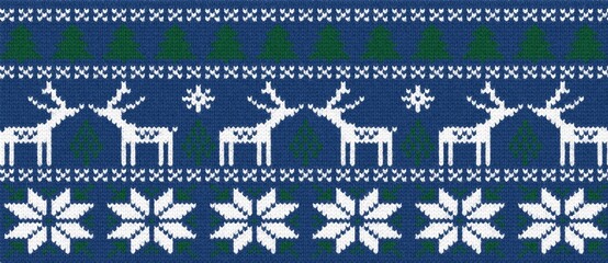 Christmas reindeer pattern knitted sweater texture with snowflakes and evergreen trees in blue and white © Design by Azharul