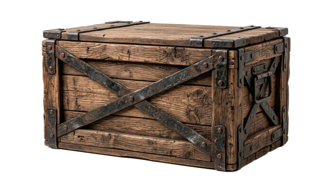 Rustic wooden crate with sturdy plank construction, dark metal straps and diagonal reinforcing braces, weathered natural timber grain and durable handcrafted storage design. Photorealistic studio