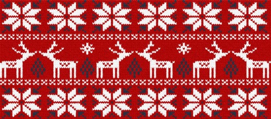 Christmas Knitted Pattern with Reindeer and Snowflake Motifs in Red and White Woolen Fabric Texture © Design by Azharul