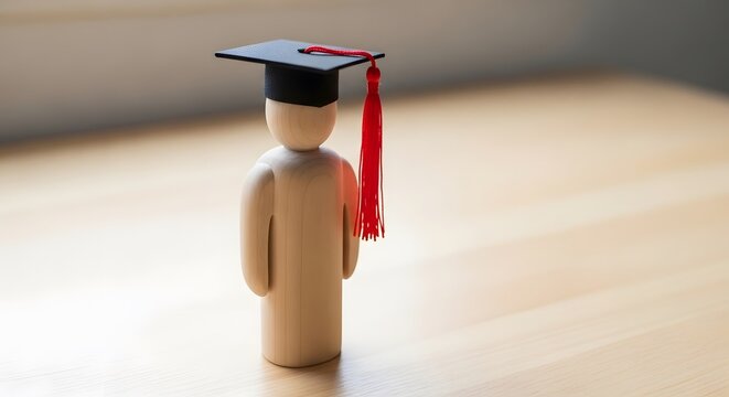 Wooden figure wearing a graduation cap symbolizing education, academic achievement, and successful completion of studies