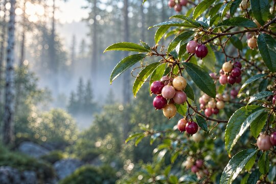 A close-up view of a vibrant branch filled with ripe red and yellow berries, set against a softly blurred, sunlit forest backdrop.