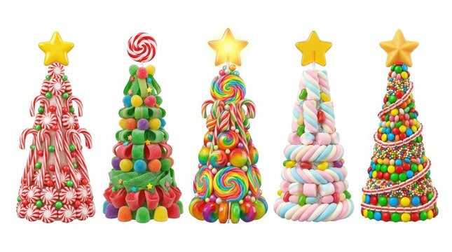 Colorful collection of miniature christmas trees with star toppers on white background