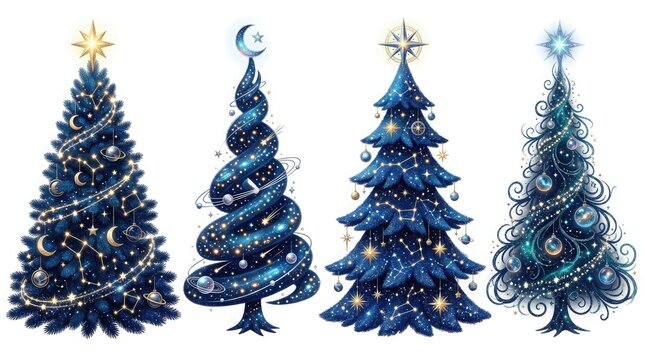Four decorated christmas trees with various ornaments and color schemes