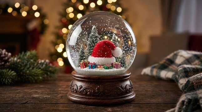 Festive christmas snow globe with a red cardinal and winter scene inside