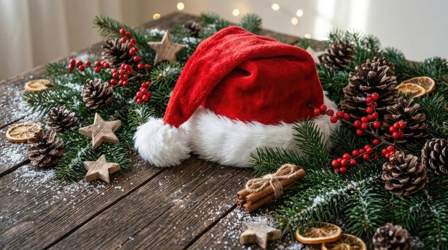 Festive christmas scene with a santa hat and seasonal decorations on wood
