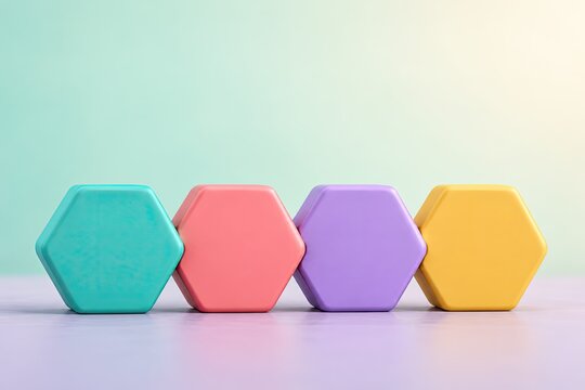 Four colorful hexagon blocks arranged in row, interlocking, representing connection, teamwork, and growth on light background.
