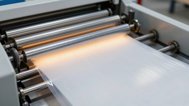Close-up of industrial laminator rollers feeding clear plastic sheet through manufacturing machinery in a factory setting.