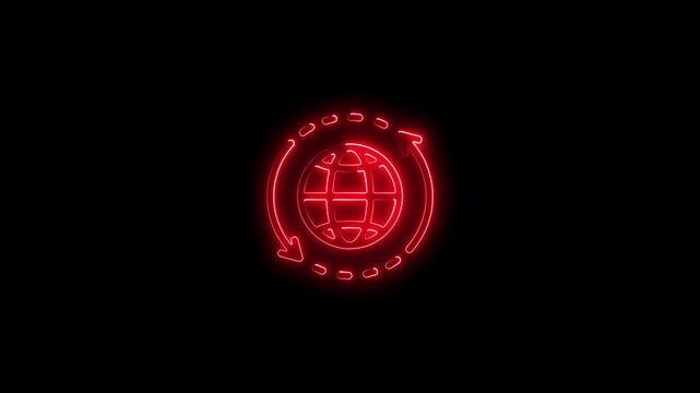 Glowing red neon globe with rotating arrows animation for global connectivity and digital communication concepts