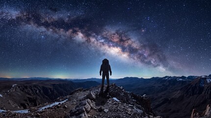 Fototapeta premium Silhouette of a lone hiker standing on a rocky mountain summit beneath the spectacular Milky Way galaxy and a star-filled night sky.