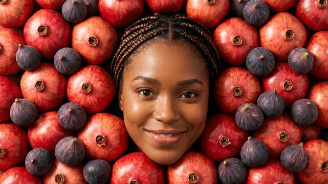 Young Black woman's face framed by ripe pomegranates and fresh figs