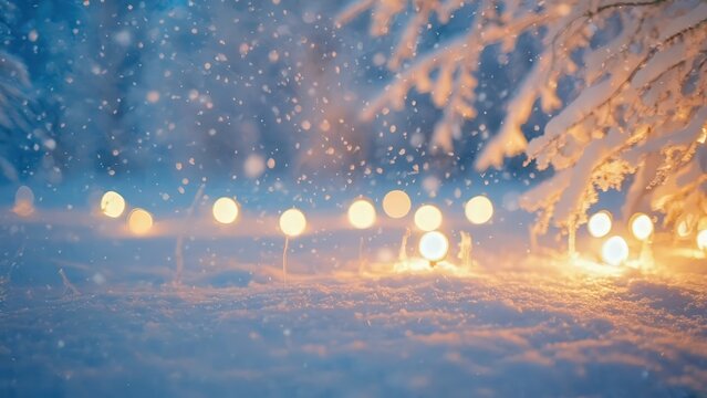 Snowy Ground With Warm Holiday Lights Bokeh