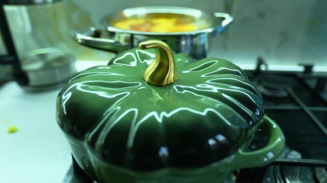 A pot of pumpkin on the stove and Halloween food
