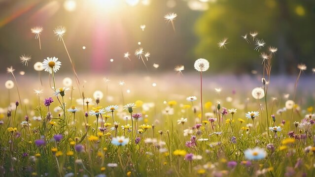 Wild spring meadow with floating seeds