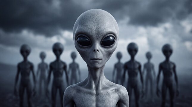 Group of gray extraterrestrial beings with large black eyes standing beneath a dramatic cloudy sky, depicting an alien encounter and science fiction mystery.
