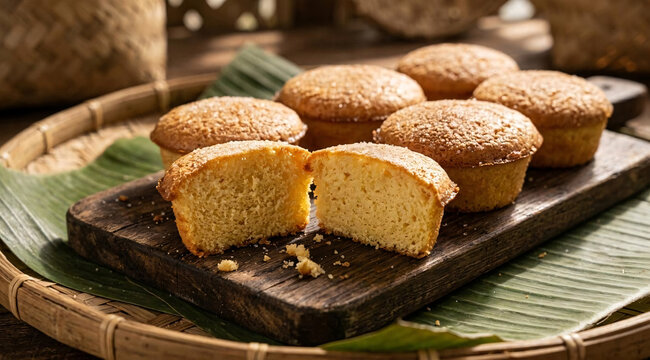 Freshly baked golden mini cakes displayed on a rustic wooden board over banana leaves