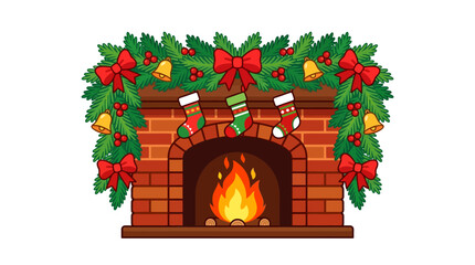 Fototapeta premium Festive Christmas brick fireplace with green garland, red ribbons and stockings. Burning fire vector illustration for holiday card backgrounds isolated on White Background editable file eps